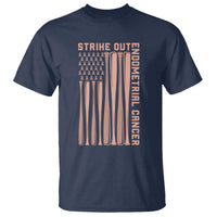 Strike Out Endometrial Cancer Baseball T Shirt Peach Ribbon American Flag Support Gift