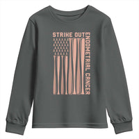 Strike Out Endometrial Cancer Baseball Youth Sweatshirt Peach Ribbon American Flag Support Gift