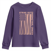 Strike Out Endometrial Cancer Baseball Youth Sweatshirt Peach Ribbon American Flag Support Gift