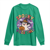 Cute Halloween Ghost Long Sleeve Shirt Spooky Vibes Only With Pumpkin - Wonder Print Shop