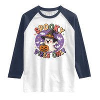 Cute Halloween Ghost Raglan Shirt Spooky Vibes Only With Pumpkin - Wonder Print Shop