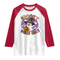 Cute Halloween Ghost Raglan Shirt Spooky Vibes Only With Pumpkin - Wonder Print Shop