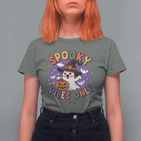 Cute Halloween Ghost T Shirt For Women Spooky Vibes Only With Pumpkin - Wonder Print Shop
