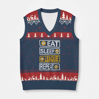 Funny Eat Sleep League Repeat V-Neck Knit Sweater Vest Gaming Quote Gift For Gamer - Wonder Print Shop