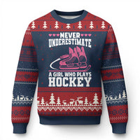 Never Underestimate A Girl Who Plays Hockey Ugly Christmas Sweater Gift For Women - Wonder Print Shop