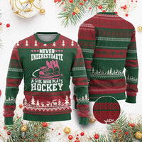 Never Underestimate A Girl Who Plays Hockey Ugly Christmas Sweater Gift For Women - Wonder Print Shop