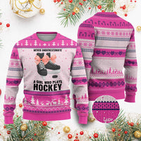 Never Underestimate A Girl Hockey Player Gift Idea Ugly Christmas Sweater - Wonder Print Shop