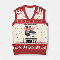 Never Underestimate A Girl Hockey Player Gift Idea V-Neck Knit Sweater Vest - Wonder Print Shop