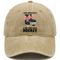 Never Underestimate A Girl Hockey Player Gift Idea Washed Cotton Baseball Cap