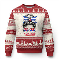 Cuba Libre Ugly Christmas Sweater Messy Bun Cuban Woman Sunglasses