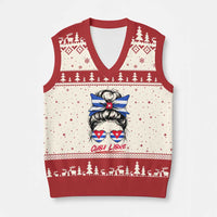 Cuba Libre V-Neck Knit Sweater Vest Messy Bun Cuban Woman Sunglasses