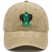 Liver Cancer Angel Warrior Wings Washed Cotton Baseball Cap Green Ribbon Awareness Support Gift