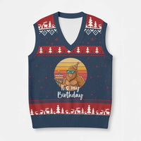 It Is My Birthday V-Neck Knit Sweater Vest Funny Bigfoot Blowing Candle Birthday Cake