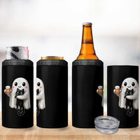 Funny Halloween 4 in 1 Can Cooler Tumbler Cute Ghost Holding Black Cat Drinking Beer