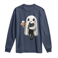 Funny Halloween Long Sleeve Shirt Cute Ghost Holding Black Cat Drinking Beer
