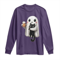 Funny Halloween Long Sleeve Shirt Cute Ghost Holding Black Cat Drinking Beer
