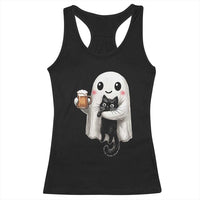 Funny Halloween Racerback Tank Top Cute Ghost Holding Black Cat Drinking Beer