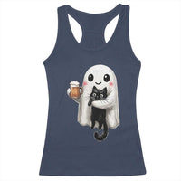 Funny Halloween Racerback Tank Top Cute Ghost Holding Black Cat Drinking Beer