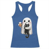 Funny Halloween Racerback Tank Top Cute Ghost Holding Black Cat Drinking Beer