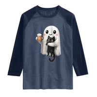 Funny Halloween Raglan Shirt Cute Ghost Holding Black Cat Drinking Beer