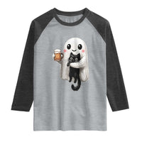 Funny Halloween Raglan Shirt Cute Ghost Holding Black Cat Drinking Beer