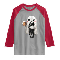 Funny Halloween Raglan Shirt Cute Ghost Holding Black Cat Drinking Beer