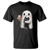 Funny Halloween T Shirt Cute Ghost Holding Black Cat Drinking Beer