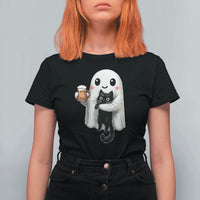 Funny Halloween T Shirt For Women Cute Ghost Holding Black Cat Drinking Beer