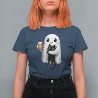 Funny Halloween T Shirt For Women Cute Ghost Holding Black Cat Drinking Beer