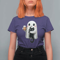 Funny Halloween T Shirt For Women Cute Ghost Holding Black Cat Drinking Beer