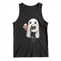 Funny Halloween Tank Top Cute Ghost Holding Black Cat Drinking Beer