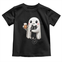 Funny Halloween Toddler T Shirt Cute Ghost Holding Black Cat Drinking Beer