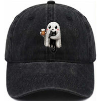 Funny Halloween Washed Cotton Baseball Cap Cute Ghost Holding Black Cat Drinking Beer