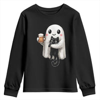 Funny Halloween Youth Sweatshirt Cute Ghost Holding Black Cat Drinking Beer