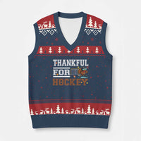 Thankful For Hockey V-Neck Knit Sweater Vest Funny Thanksgiving Ice Hockey Gift - Wonder Print Shop