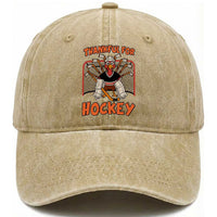 Thankful For Hockey Washed Cotton Baseball Cap Funny Turkey Ice Hockey Player Gift