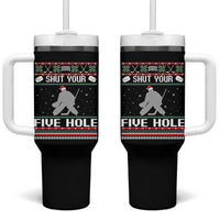 Funny Hockey Goalie Ugly Christmas Gift Tumbler With Handle Shut Your Five Hole - Wonder Print Shop