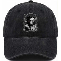 Funny Full Moon Horror Art Washed Cotton Baseball Cap Skeleton Hug Maine Coon Cat