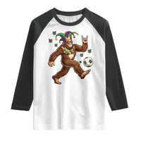 Funny Mardi Gras Bigfoot Playing Soccer Raglan Shirt Football Fan Gift