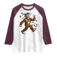 Funny Mardi Gras Bigfoot Playing Soccer Raglan Shirt Football Fan Gift