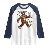 Funny Mardi Gras Bigfoot Playing Soccer Raglan Shirt Football Fan Gift