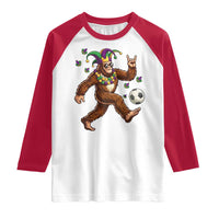 Funny Mardi Gras Bigfoot Playing Soccer Raglan Shirt Football Fan Gift