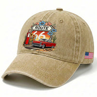 Retro Route Highway 66 Washed Cotton Baseball Cap Boho Wildflower Americana Floral