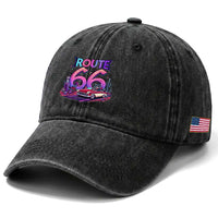 Route Highway 66 Americana Adventure Washed Cotton Baseball Cap Cute Raccoon Driving Car