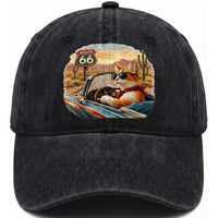 Route Highway 66 Cat Washed Cotton Baseball Cap Americana Road Trip