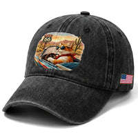 Route Highway 66 Cat Washed Cotton Baseball Cap Americana Road Trip