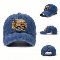 Route Highway 66 Cat Washed Cotton Baseball Cap Americana Road Trip