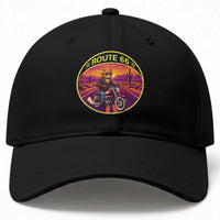 Route Highway 66 Motorcycle Cat Baseball Cap Open Road Adventure Neon