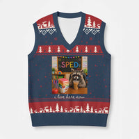 Funny SPED Raccoon Teacher V-Neck Knit Sweater Vest I Live Here Now