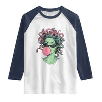 Winking Medusa In Sunglasses Blowing Bubble Gum Raglan Shirt Funny Greek Mythology Pop Art